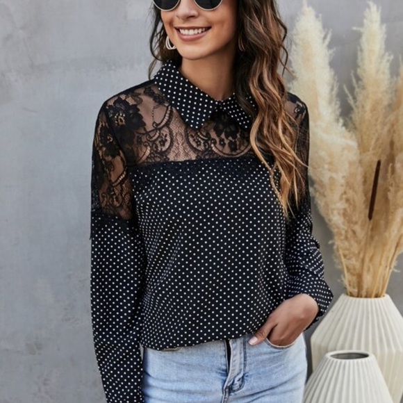 Black white polka dot floral sheer lace blouse - Picture 10 of 10